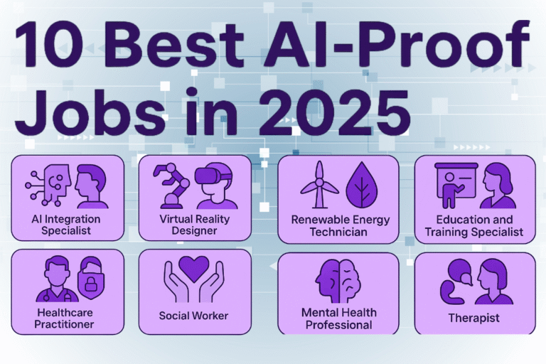 Infographic showing the top 10 AI-proof jobs in 2025, including trades, healthcare, education, and creative fields