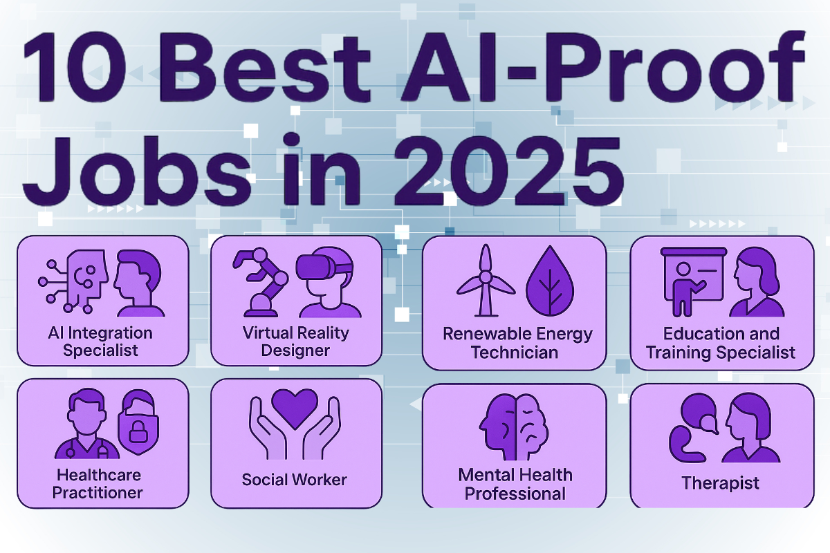 Infographic showing the top 10 AI-proof jobs in 2025, including trades, healthcare, education, and creative fields