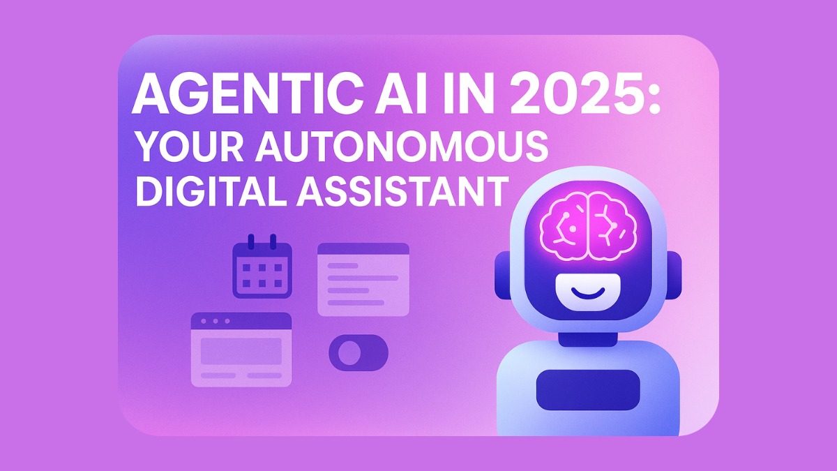 Agentic AI Autonomous Assistant illustration with futuristic digital assistant interface and productivity icons
