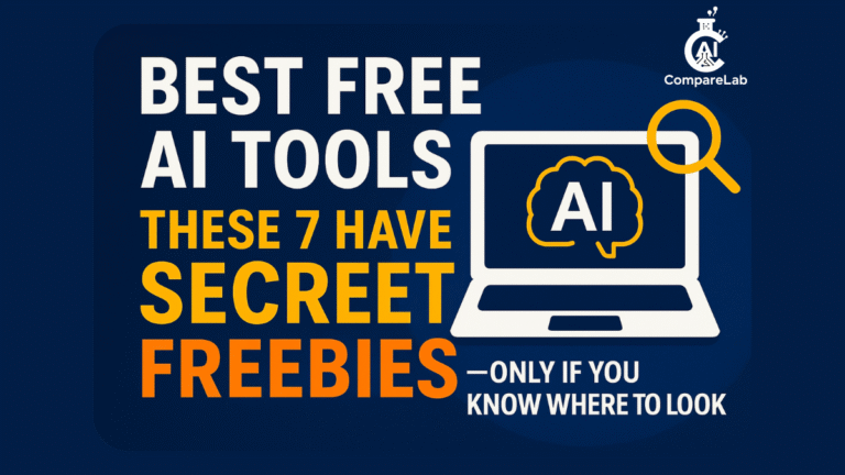 Bold thumbnail text: “Best Free AI Tools – These 7 Have Secret Freebies”; laptop screen with AI symbol and magnifying glass icon