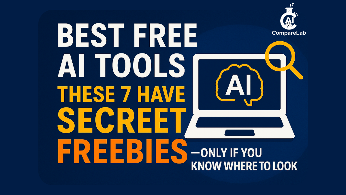 Bold thumbnail text: “Best Free AI Tools – These 7 Have Secret Freebies”; laptop screen with AI symbol and magnifying glass icon