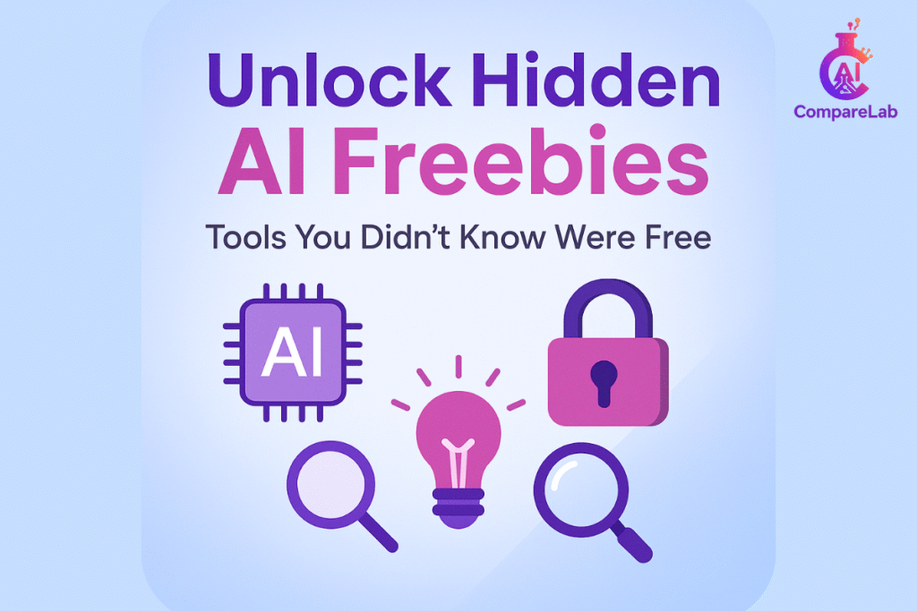 Best free AI tools for content creation Infographic with text 'Unlock Hidden AI Freebies – Tools You Didn’t Know Were Free' featuring icons of AI chip, lightbulb, padlock, and magnifying glasses on a light blue background using brand colors purple, magenta, and blue