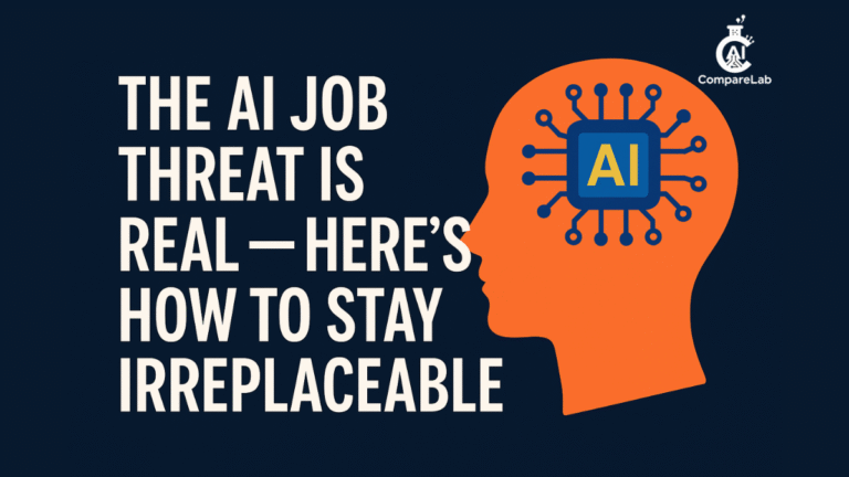 Ai Job Threat - Illustration of an office worker rising above AI robots, symbolizing career security