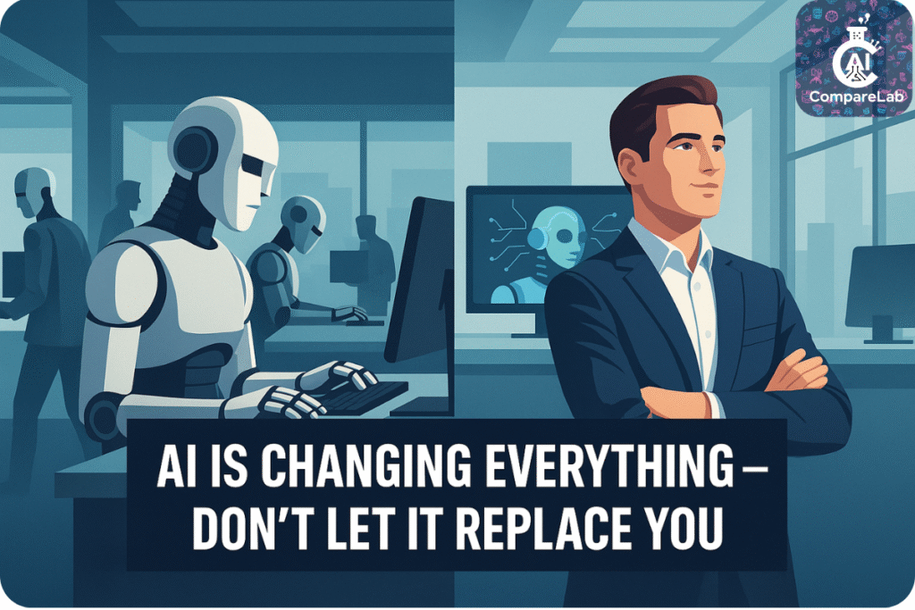 AI Job Threat - Illustration of an office worker rising above AI robots, symbolizing career security