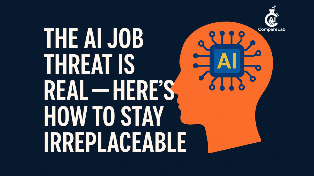 Ai Job Threat - Illustration of an office worker rising above AI robots, symbolizing career security