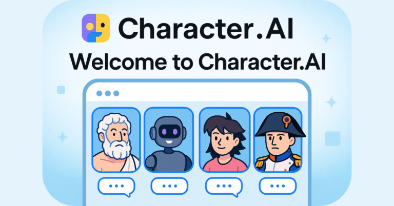 Infographic summarizing key stats for Character.AI in 2025, including its $1B valuation, 20M+ users, and daily usage time