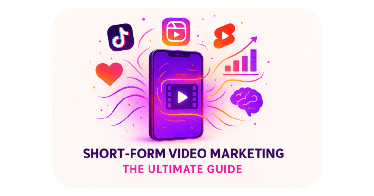 Glowing smartphone with video reel surrounded by TikTok, Instagram Reels, and YouTube Shorts icons, abstract charts, and heart/brain symbols in vibrant purple and orange tones, representing short-form video marketing.