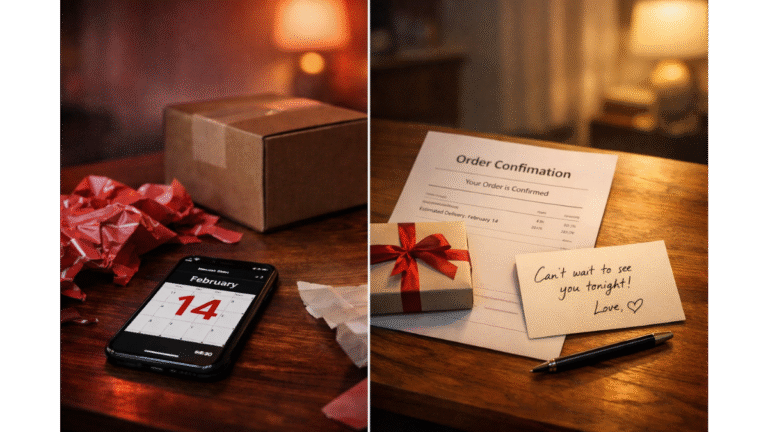 Last Minute Valentine Cinematic split-scene of a last-minute Valentine’s Day setup: on the left, a smartphone displaying February 14 at 6:30 PM beside crumpled wrapping paper and an unopened shipping box under dim red lighting; on the right, a neatly arranged confirmation sheet, handwritten note card, and small gift envelope illuminated with warm, calming light, symbolizing panic turning into control.