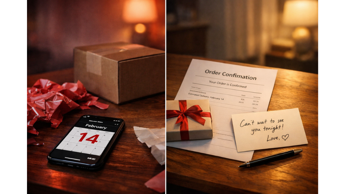Last Minute Valentine Cinematic split-scene of a last-minute Valentine’s Day setup: on the left, a smartphone displaying February 14 at 6:30 PM beside crumpled wrapping paper and an unopened shipping box under dim red lighting; on the right, a neatly arranged confirmation sheet, handwritten note card, and small gift envelope illuminated with warm, calming light, symbolizing panic turning into control.